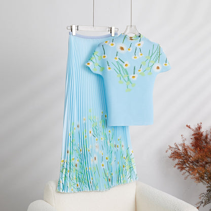 2 Pieces Set Designer Long Sleeves Thin Tops High Waist Fold Skirts Female Clothing
