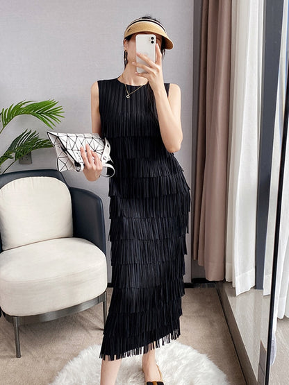 Spliced Tassel O Neck Dress Women Straight Sleeveless Medium Long Spring Summer  New Solid Color Elegant Lady