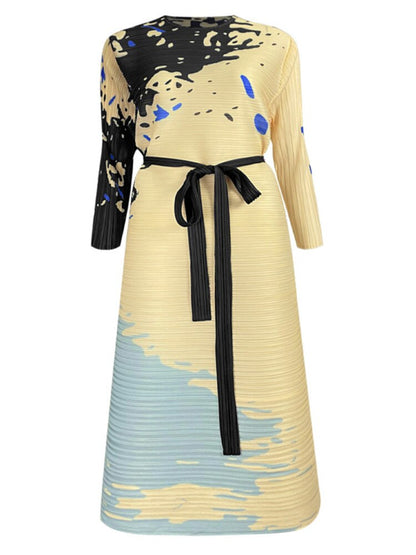 DEAT Fashion Pleated Dress Women Loose O Neck Full Sleeves Lace Block Color Printing Spring New Medium Long Elegant 15G1447