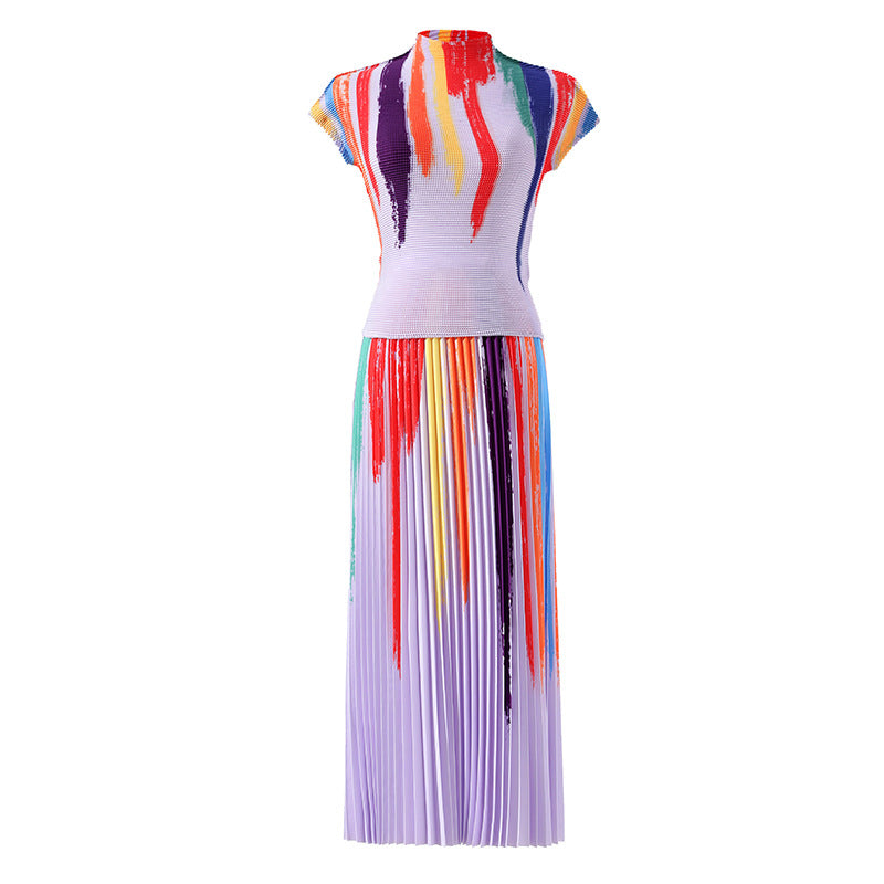 Contrast Color Pleated 2 Pieces Set Women's Turtleneck Short Sleeves Tops High Waist Fold Skirts Casual Clothes