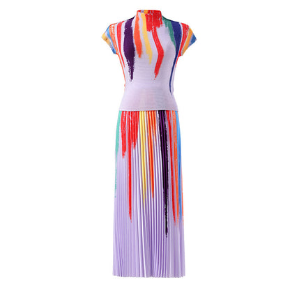 Contrast Color Pleated 2 Pieces Set Women's Turtleneck Short Sleeves Tops High Waist Fold Skirts Casual Clothes