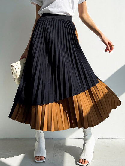 Women Skirt High Elastic Waist Contrast Colors Fashion Fold Skirts Female Clothing Irregular