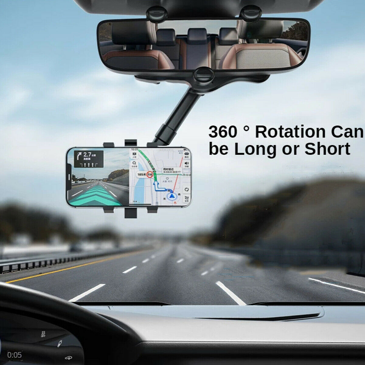 Universal 360 Degrees Rotatable Retractable Rearview Mirror Car Phone Holder Bracket US