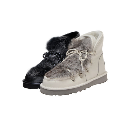 Rabbit fur lace-up snow boots