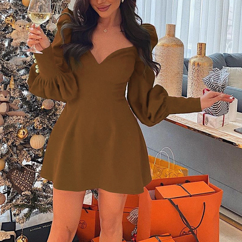 Spring And Autumn Sexy V-Neck Long Sleeved Waist And Thin Temperament All Match Princess Dress