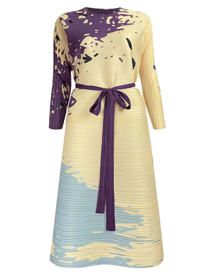 DEAT Fashion Pleated Dress Women Loose O Neck Full Sleeves Lace Block Color Printing Spring New Medium Long Elegant 15G1447