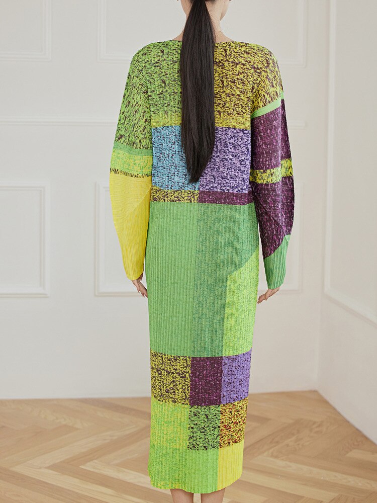 Patchwork Pleated Dress Women Color Block O-neck Loose Long Sleeve Elegant Female Fashion Clothing