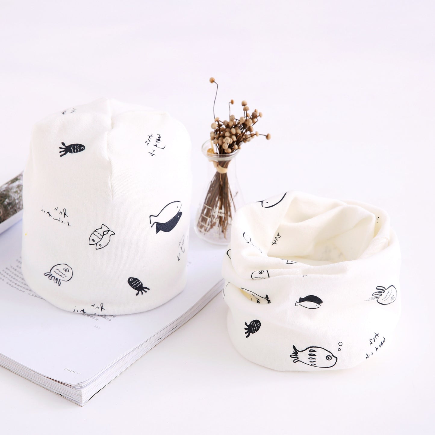 New Arrival Of Autumn And Winter Scarf Two-piece Set Baby Cotton Bandana Hat Set Children's Ornaments Wholesale Small Fish