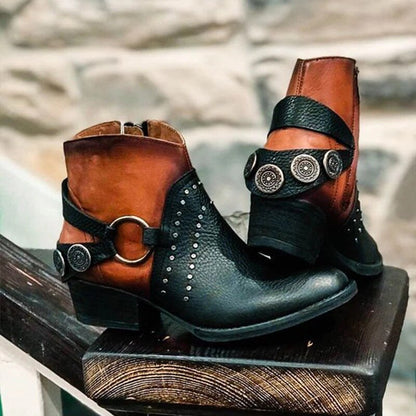 Women's leather boots with studded metal buckle