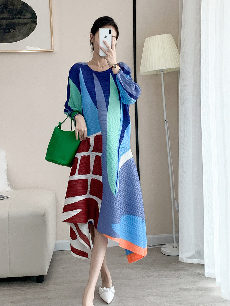 Printed Pleated Dress Women Long Sleeves Contrast Color Irregular Loose Lady Stylish Party Clothing