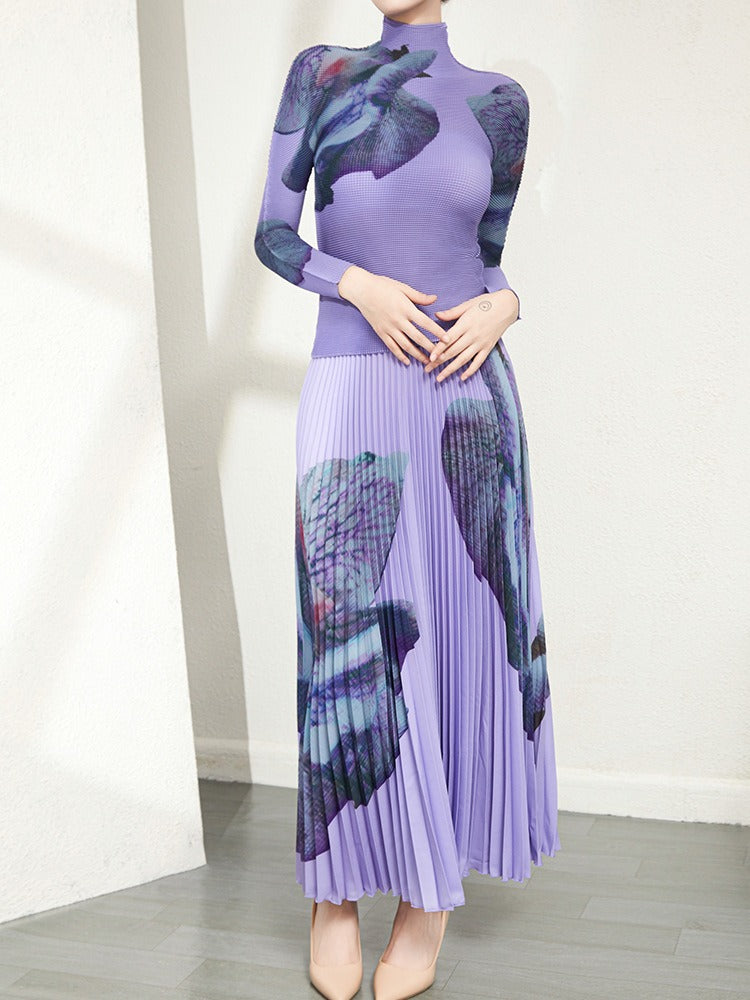 New Printed Top Half Skirt High end Fashion Two Piece Set High end Three House Pleated Set for Women