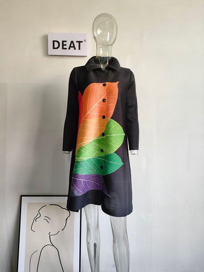 Lapel Loose Pleated Dress Single Breasted Spring Autumn 2023 New Women Long Sleeve Color Block Party Clothes Lady