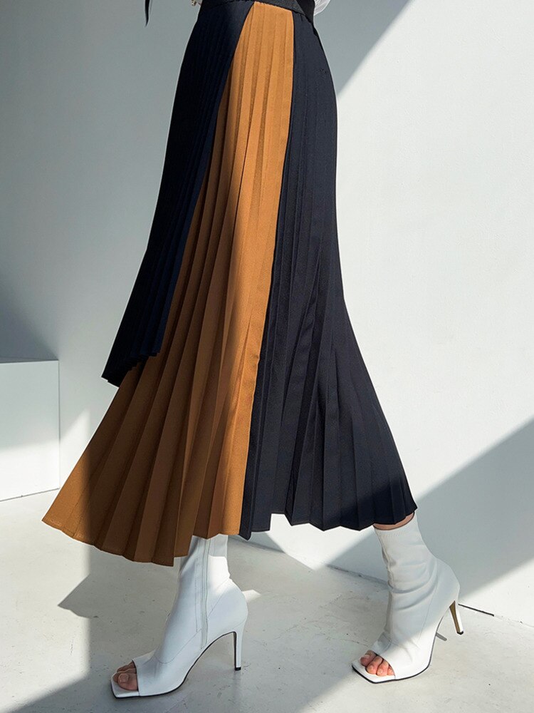 Women Skirt High Elastic Waist Contrast Colors Fashion Fold Skirts Female Clothing Irregular