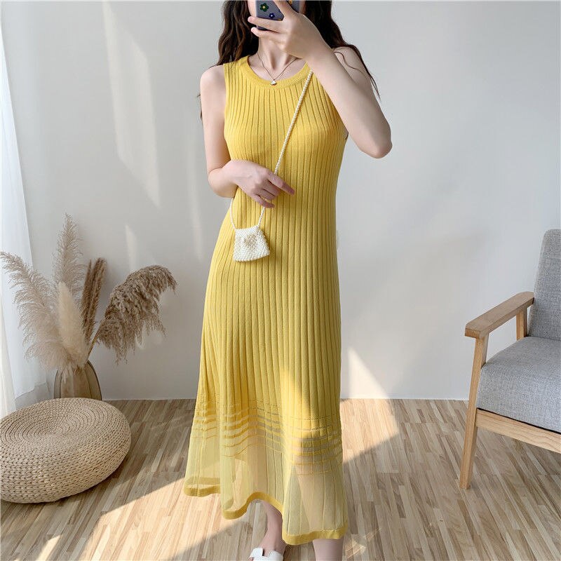 Knitted Sleeveless Long Dress Summer Dress Women's Soft Casual Stretch A Line Mesh Patchwork Striped Hem Dresses