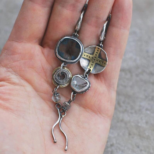Cross Round Metal Asymmetric Long Earrings Women