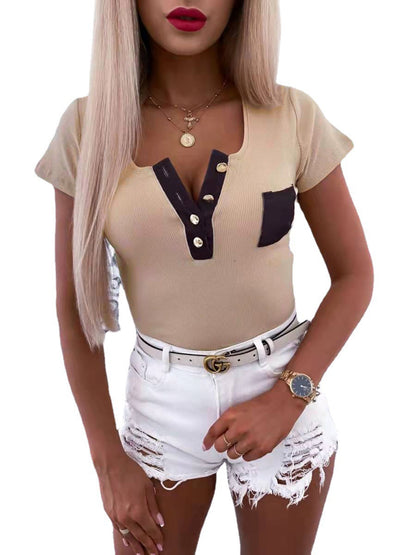Women's Solid Color Fashion Slim Fit Pullover Button T-shirt Top