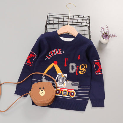 Autumnwinter New Cotton Line Cartoon Bear Excavator Boy's PulloverChildren's Long-sleeved Sweater