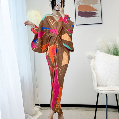 Miyake Pleated Temperament V-neck Geometric Pattern Printing Bat Sleeve Women's Long Dress High Stretch Large Vintage Fashion
