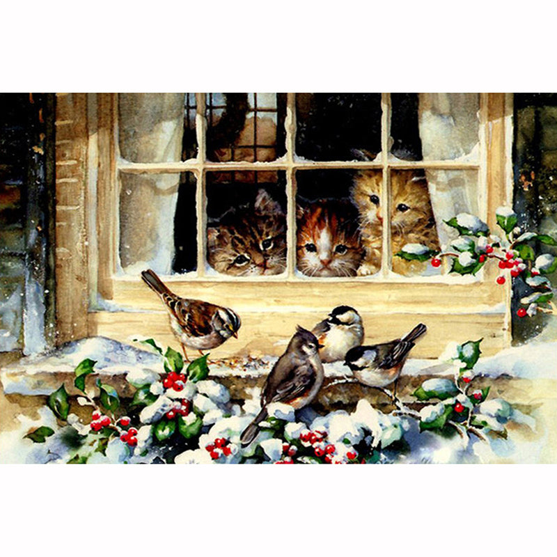 Round Diamond Painted Bird And Cat Diamond Embroidery