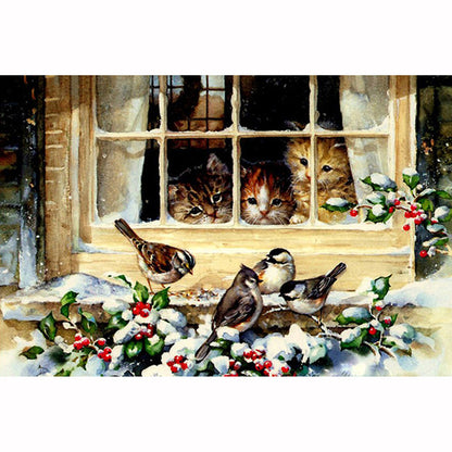 Round Diamond Painted Bird And Cat Diamond Embroidery