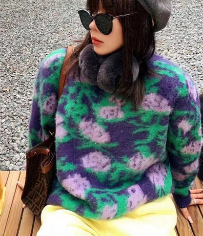 Pinkoz Women's Rhombus Oversized Pullover Autumn New Slim Long Sleeves Elegant O-neck Top Vintage Knitted Sweater Tops