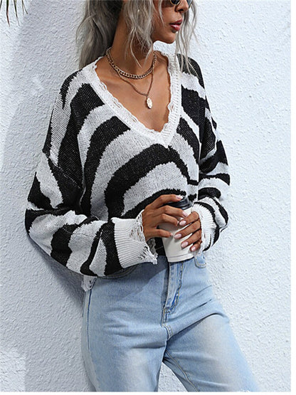 Ripped Striped Oversized V Neck Jumper Sweater Women's Spring Thin Light Fashion Zebra Pattern Crop Long Sleeve Knit Pullovers