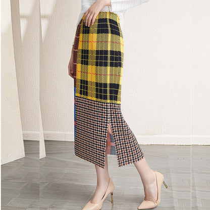 Autumn/Winter New Pleated High Quality Women Skirt Japanese Style Printing Plaid Thickening Slim Pencil Skirt Folds Pockets