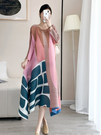 Printed Pleated Dress Women Long Sleeves Contrast Color Irregular Loose Lady Stylish Party Clothing