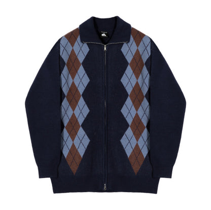 Korean Version Loose Lazy Zipper Diamond Plaid Sweater Coat