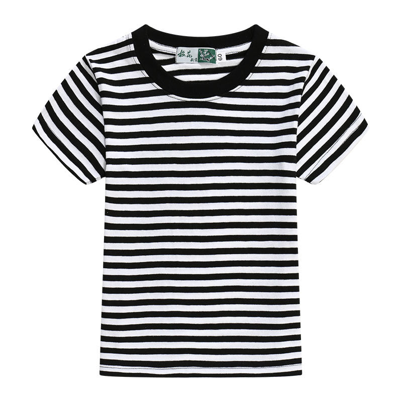 Children's Blue And White Stripes Round Neck Short Sleeve