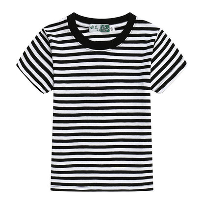 Children's Blue And White Stripes Round Neck Short Sleeve