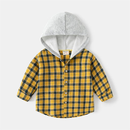 Korean Style Children's Long-sleeved Shirt Baby Plaid Hooded Shirt Trendy