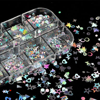 New 12-grid Boxed Mixed Color Nail Sequins Laser Maple Leaf Stars Heart DIY Ornament