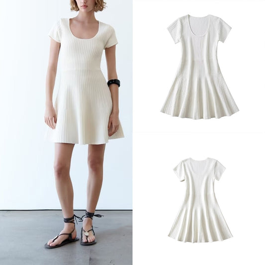 PB&ZA summer new women's temperament solid colour fashion round neck chic waist slip ice knit mini dress