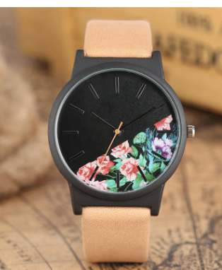 New half flower cut strap ladies watch Literary print quartz watch