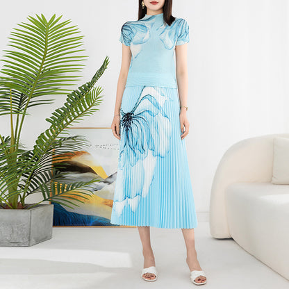 Fashion Printed Pleated 2 Pieces Set For Women Turtleneck Short Sleeves Thin Tops Female Clothing
