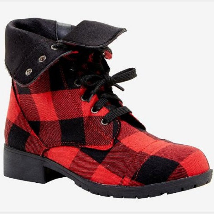 Casual round head red plaid high top thick with solid color deep mouth
