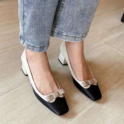 Colorblock square toe chunky heel leather shoes