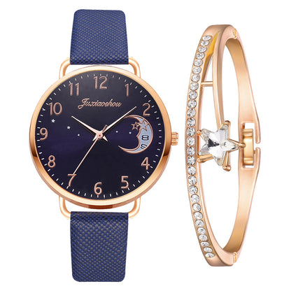 Women's Pu Strap Moon Pattern Quartz Watch Set