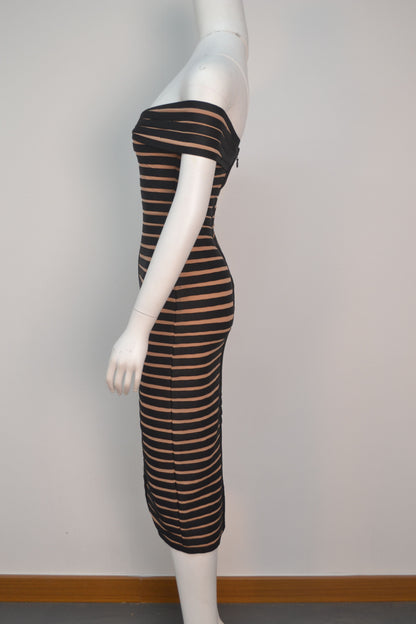 JUNE LIPS  New  Women Off Shoulder Party Dress  Black Stripe Midi Bandage Dress Sexy  Birthday Evening Dress Outfits