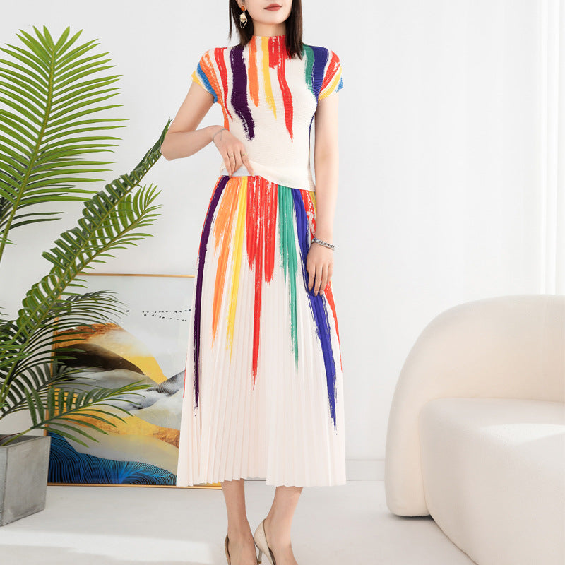 Contrast Color Pleated 2 Pieces Set Women's Turtleneck Short Sleeves Tops High Waist Fold Skirts Casual Clothes
