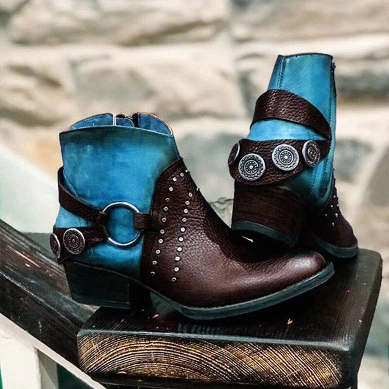 Women's leather boots with studded metal buckle