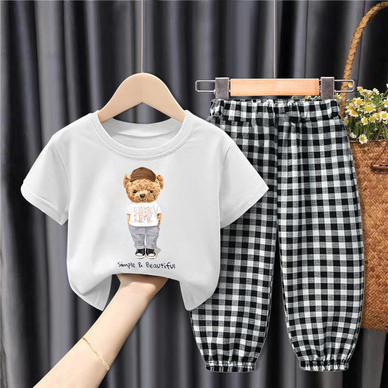 Middle-aged Children's Fashionable And Handsome Loose Plaid Anti-mosquito Pants Two-piece Suit