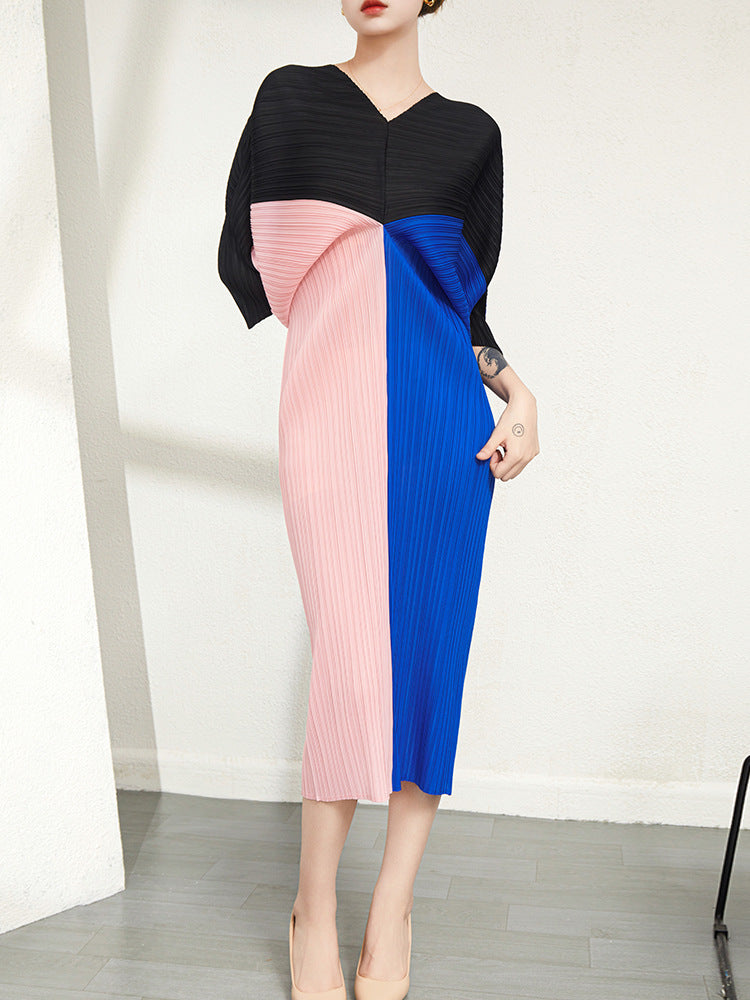 Contrast Color Pleated Dress For Women Casual V-neck Batwing Sleeves Elegant Dresses Female Clothing