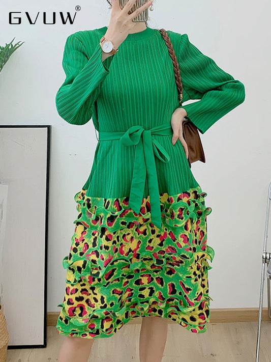 GVUW Pleated Patchwork Print Dress For Women Stand Neck Lace-up Long Sleeve Loose 2023 Autumn New Female Fashion Clothes 17G1795