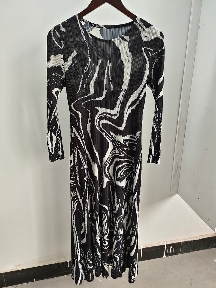 Spring New Pleated Print Dress For Women Zebra Pattern O-neck Long Sleeve Loose Dresses Female Fashion Clothing 15GB48