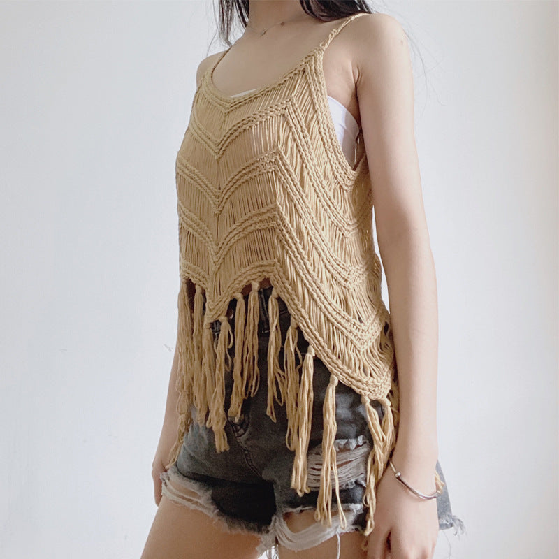 Hollow Tassel Wave Blouse Hand Crocheting Knitted Camisole For Women