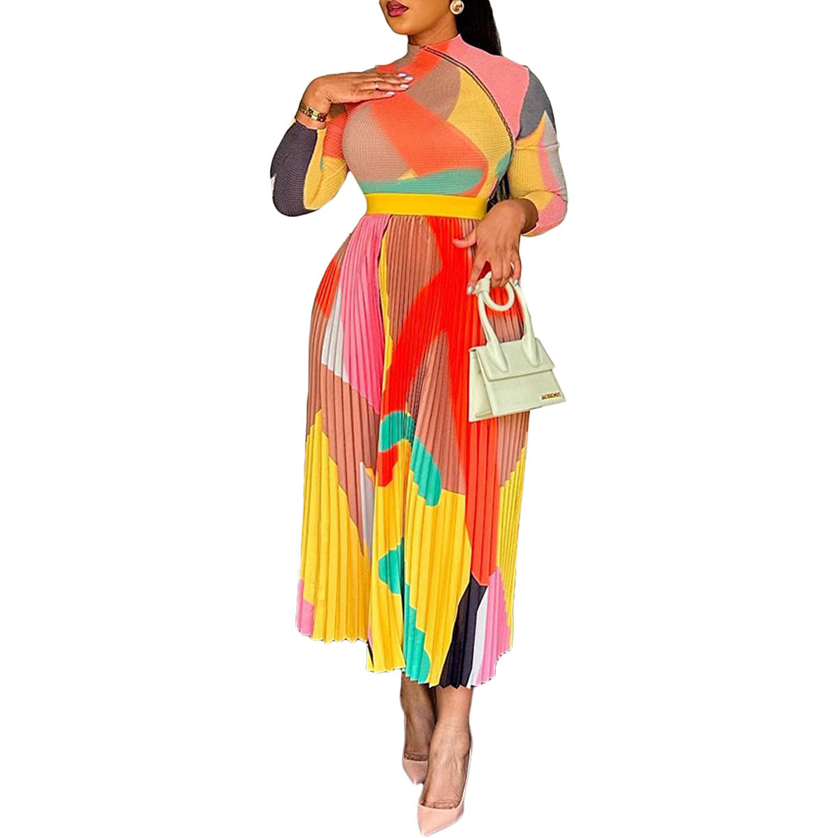 Luxury Designer Young Sexy Faicycore Chiffon Office Lady Pleated Turtleneck Full Sleeve Women Long Loose Dress