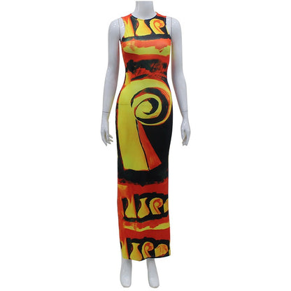 European and American INS Women's New Sexy Fashion Print Split Long Skirt Tight Retro Travel Style Dress