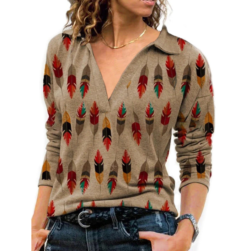 Ladies Retro Print V Neck Long Sleeves